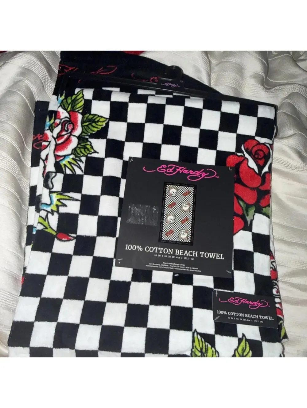 Ed Hardy Checkered Skull Rose Beach Towel 100% Cotton 36x68 NWT